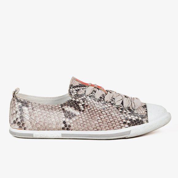 Prada Red Label Taupe Snake Print Satin Ribbon Tied Sneakers, Size 7.5 - Picture 1 of 11